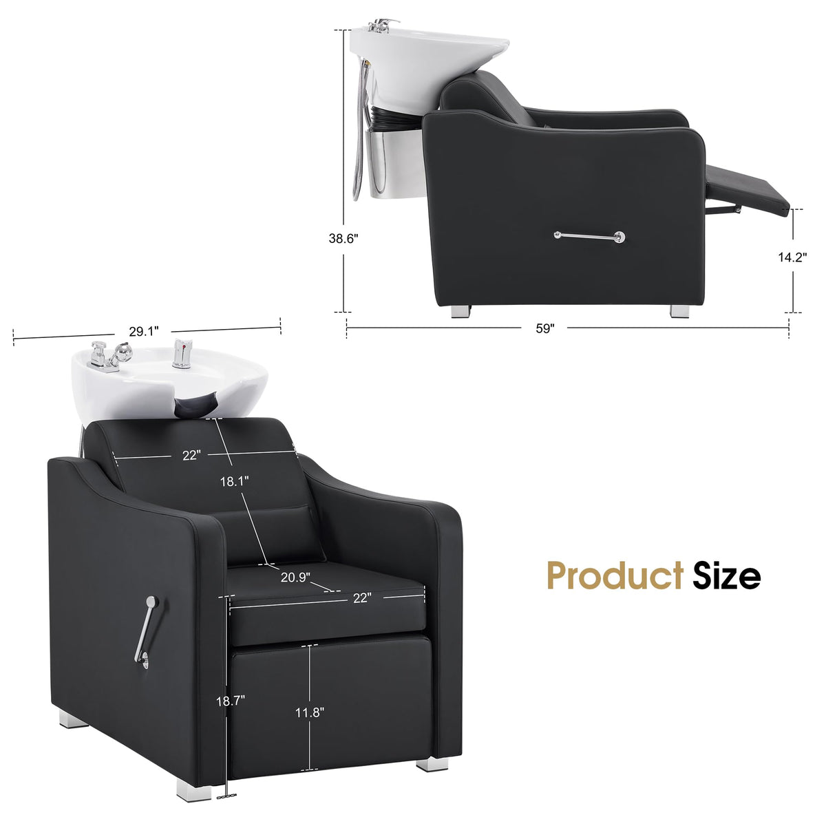 BarberPub Backwash Shampoo Station Chair, Adjustable Porcelain Ceramic Hair Wash Bowl with Chair, Shampoo Station for Barber Shop, Spa Beauty Salon Equipment 9364 (Black)