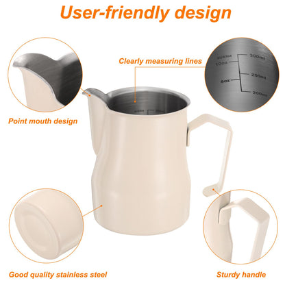uxcell Milk Frothing Pitcher, 12oz / 350ml Stainless Steel Milk Frother Cup with Scale for Milk Steaming Pitcher Latte Art Cappuccino Coffee Espresso Accessories, Beige