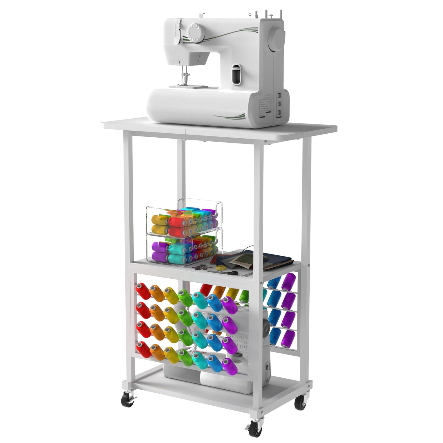 Rolling Craft Table with 56 Spools Thread Holder, 3 Storage Shelves, Portable Sewing Cabinet for Embroidery Machine, Craft Cart Organizer, White