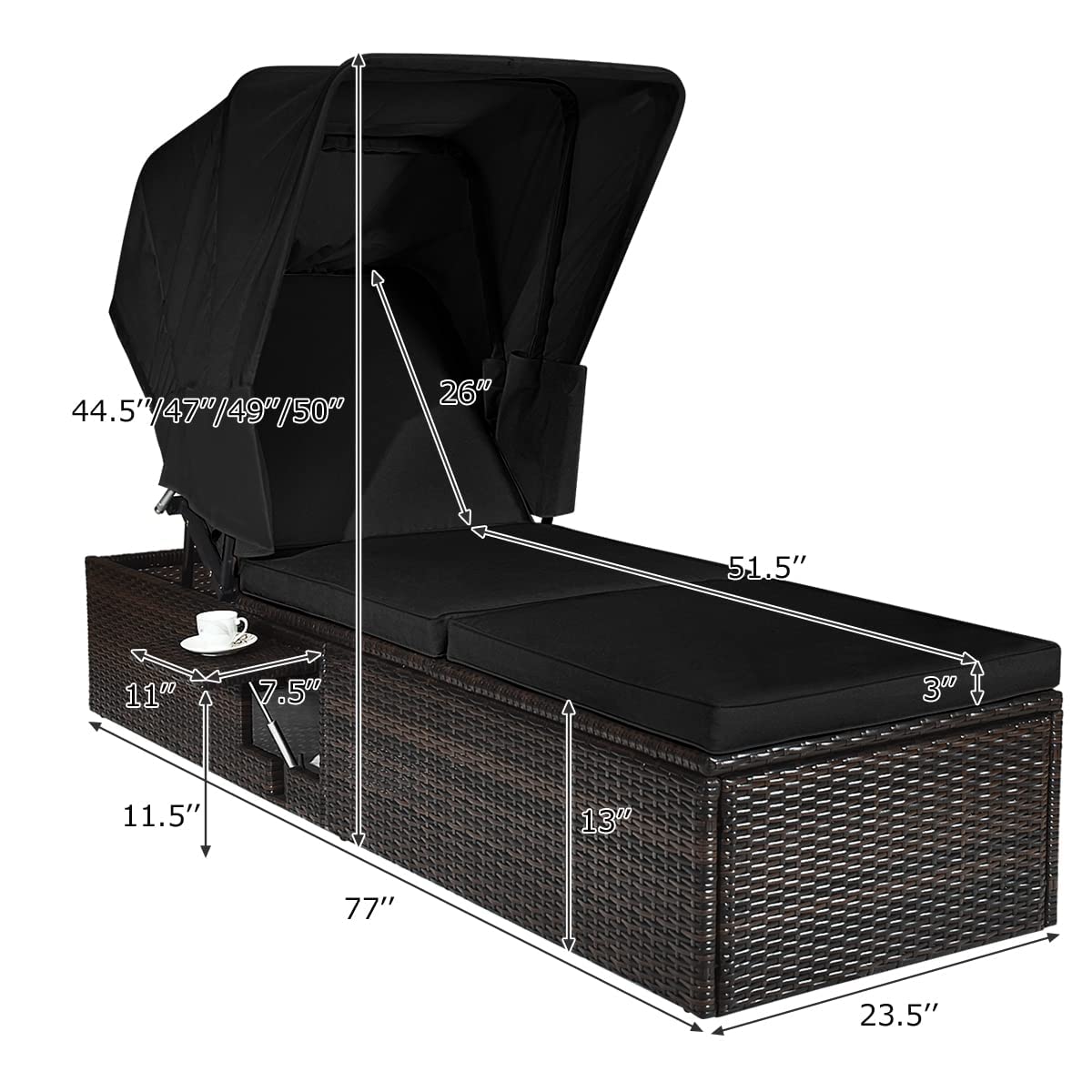 HAPPYGRILL Patio Chaise Lounge with Retractable Canopy, Outdoor Reclining Chair with Adjustable Backrest, Rattan Wicker Daybed with Coffee Table for Beach Poolside Backyard Balcony Porch