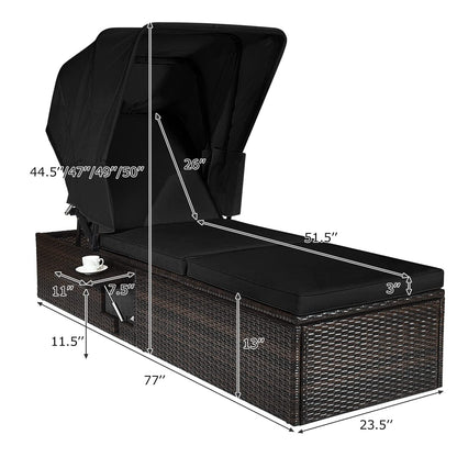 HAPPYGRILL Patio Chaise Lounge with Retractable Canopy, Outdoor Reclining Chair with Adjustable Backrest, Rattan Wicker Daybed with Coffee Table for Beach Poolside Backyard Balcony Porch