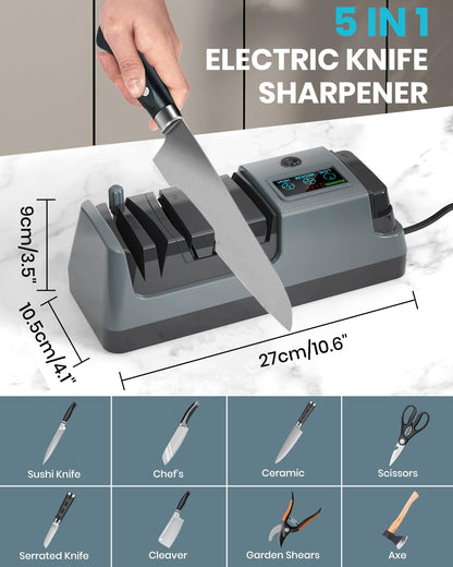 Upgrade 5 in 1 Electric Knife Sharpener with LCD Screen, 3 Rotational Speed Adjustable, 100% Diamond Abrasives, knife sharpener for Straight, Serrated, Meat Cleaver, Ceramic Knives Electric Knife