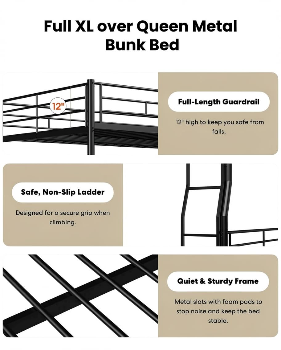Miscoos Full XL Over Queen Bunk Bed with Trundle, Heavy-Duty Queen Bunk Bed with with Safety Ladder and Full-Length Guardrail, Convertible to 3 Beds for Teens and Adults, Black