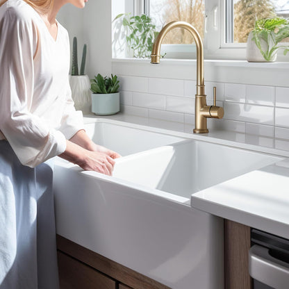 Sinkology Turner 33 Inch Fireclay Farmhouse Apron Front Double Bowl Kitchen Sink - White, Handcrafted with SureFire Chip-Resistant Glaze, Sinkology Everyday Warranty, 33 x 18 in, Fits 36" Cabinet