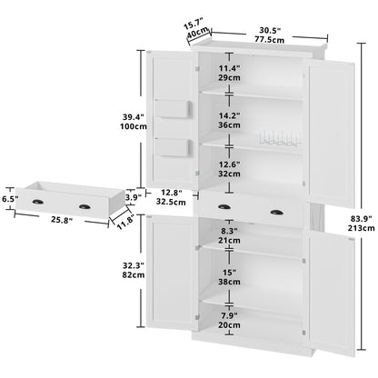 IRONCK Kitchen Pantry Storage Cabinet 83.9" H, with Barn Doors, Drawer, 4 Adjustable Shelves, Freestanding Cupboard for Dining Room Living Room, Laundry, White