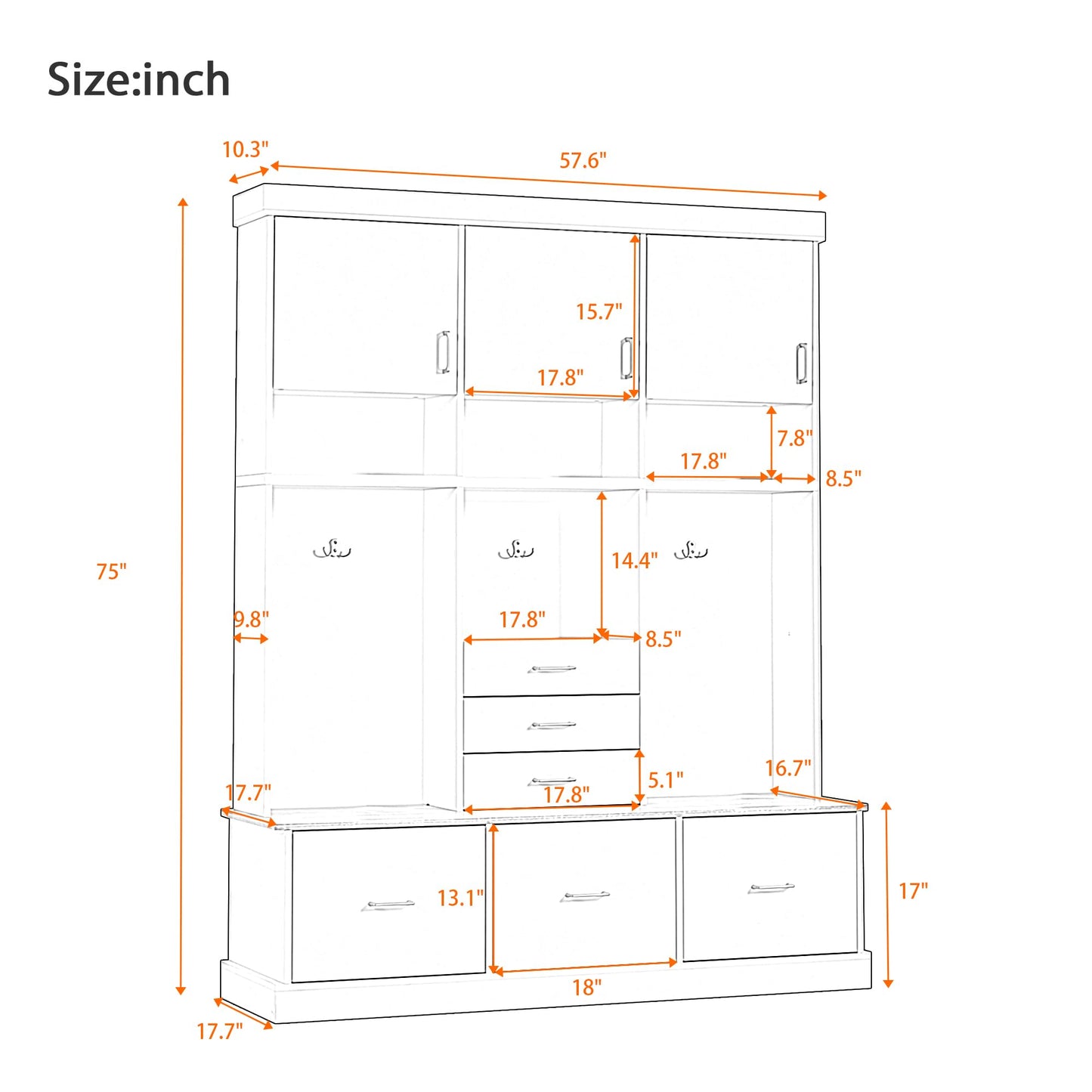 Amposei Hall Tree with Storage Bench & Coat Rack 58’’W Modern Tall Entryway Oranizer Cabinet with 6 Drawers, 3 Metal Hooks for Living Room Hallway Mudroom, Black