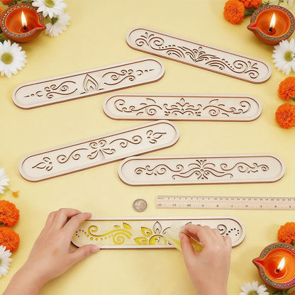 BENECREAT 6 Pack Wooden Diwali Rangoli Stencils for Painting, 6 Styles Mandala Stencils for Home Decor DIY Art Projects, 11.8x2.4 Inch