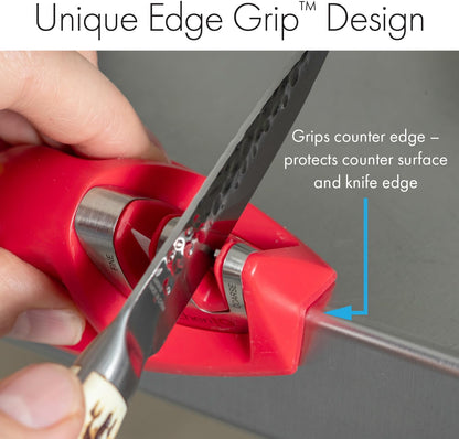 50883 Edge Grip 2-Stage Knife Sharpener - Red, Coarse & Fine Sharpeners, Compact, Non-Slip Base