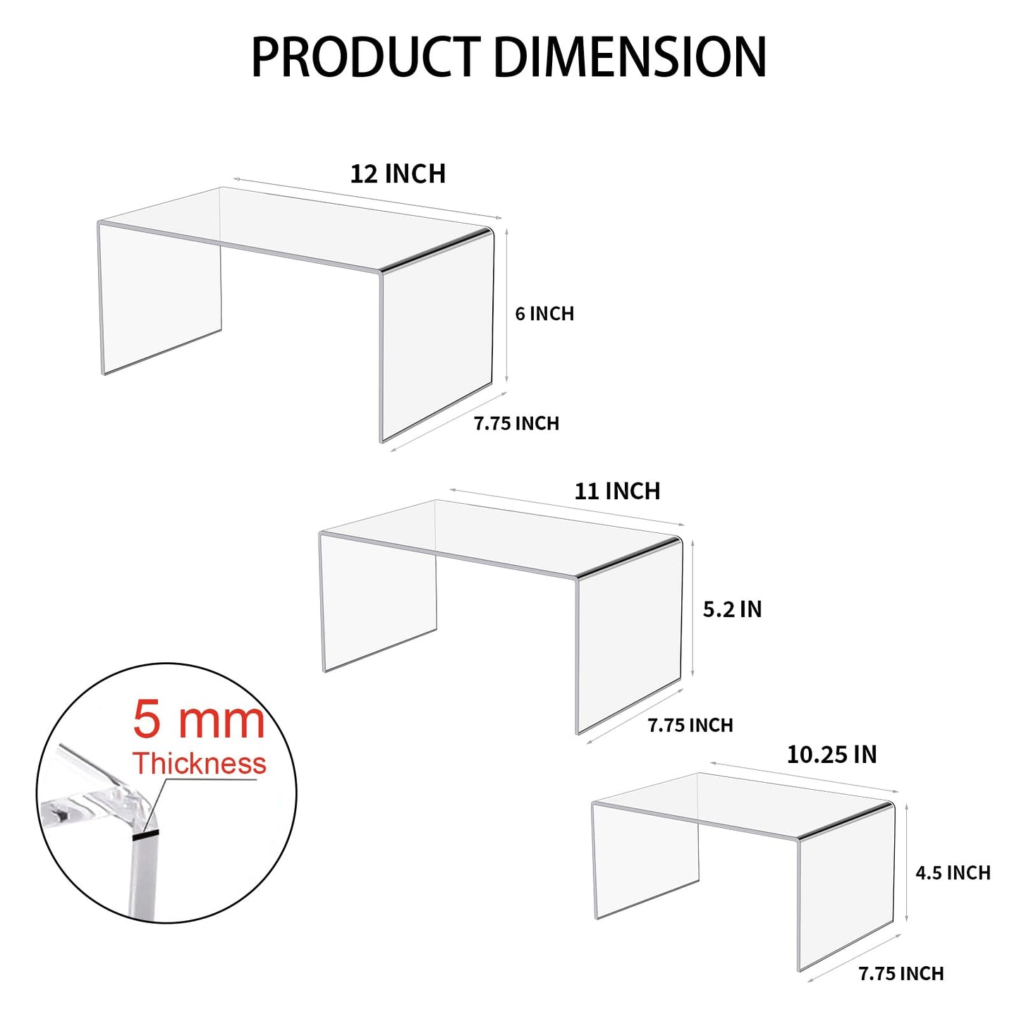 Jusalpha Acrylic Display Risers, 12 Inch, 5mm Thick, Set of 3, Heavy Duty Display Stand for Jewelry, Collectibles, Cupcakes (12'' 11'' 10.25'')