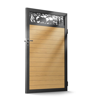 Brukid 4x6 FT Aluminum Fence Gate Kit Wood Grain Aluminum Gate with Decorative Cutout, Lock & Hinges, Left/Right Opening, Weather Resistant for Yard Garden Patio