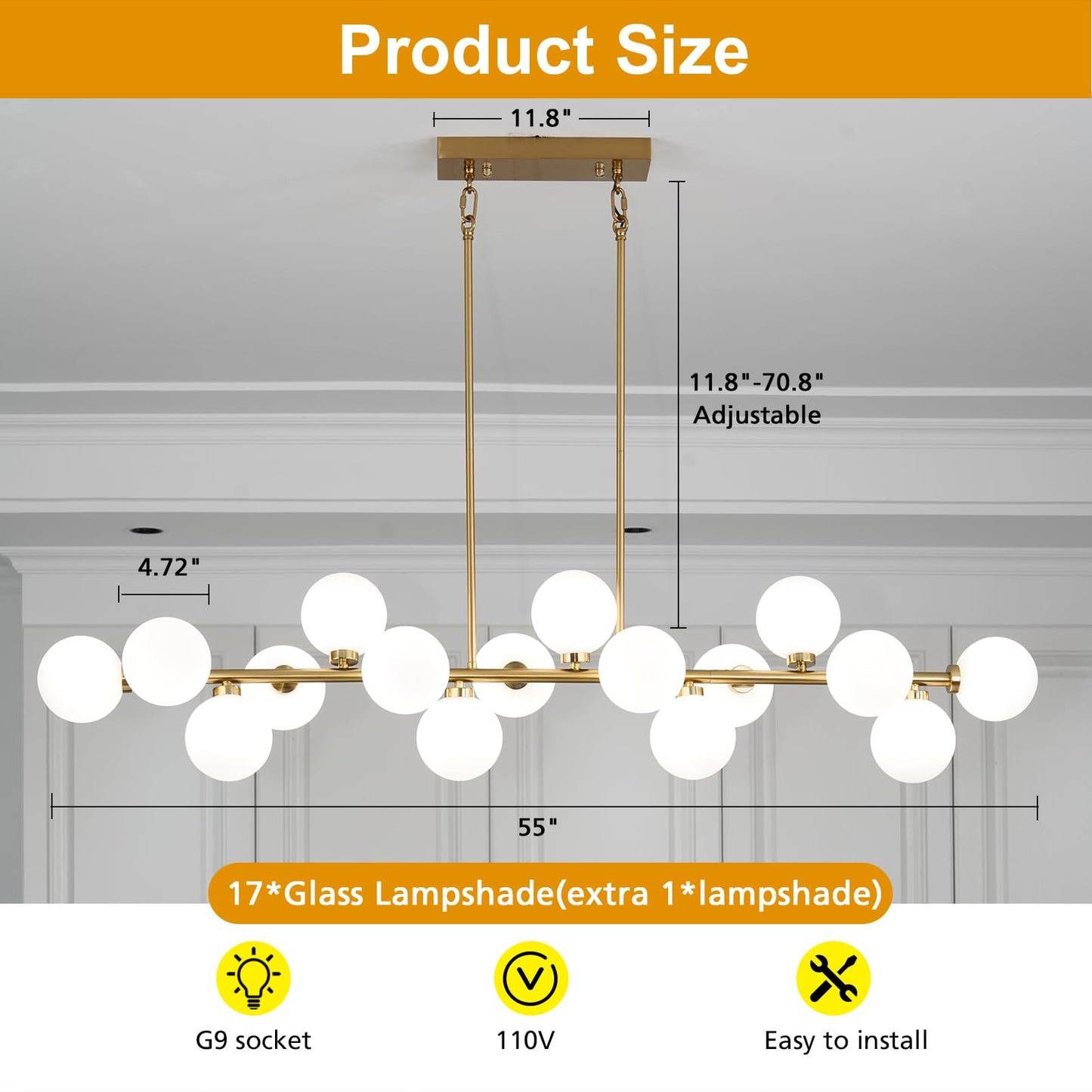 Besytal 55" Brass Linear Chandelier, 16 Lights Mid Century Modern Sputnik Chandelier, Large Pendant Lights Kitchen Island with White Glass Lampshade, Bubble Chandelier for Kitchen Over Table - Gold
