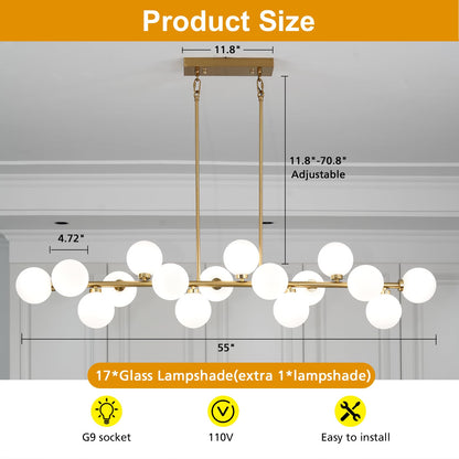 Besytal 55" Brass Linear Chandelier, 16 Lights Mid Century Modern Sputnik Chandelier, Large Pendant Lights Kitchen Island with White Glass Lampshade, Bubble Chandelier for Kitchen Over Table - Gold
