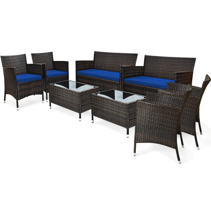 COSTWAY 8PCS Rattan Patio Furniture Set, Outdoor Wicker Rattan Chairs with Coffee Table, Rattan Cushioned Conversation Set for Backyard Balcony Porch Poolside, Navy