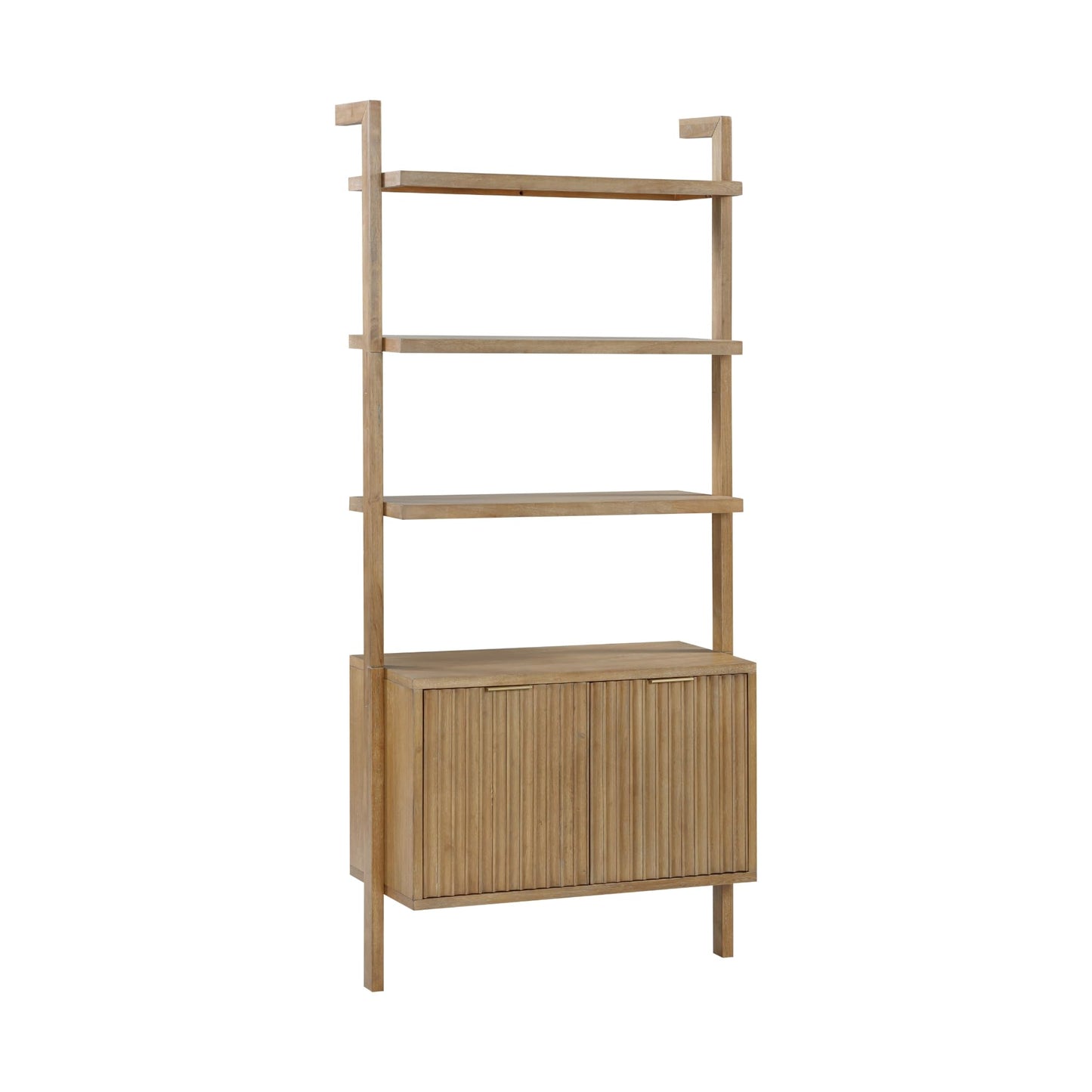 Nathan James Jasper 3-Shelf Solid Wood Boho Bookshelf, Wall Mounted Bookshelf with Cabinet with Fluted Doors, Light Brown