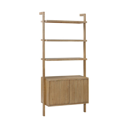 Nathan James Jasper 3-Shelf Solid Wood Boho Bookshelf, Wall Mounted Bookshelf with Cabinet with Fluted Doors, Light Brown