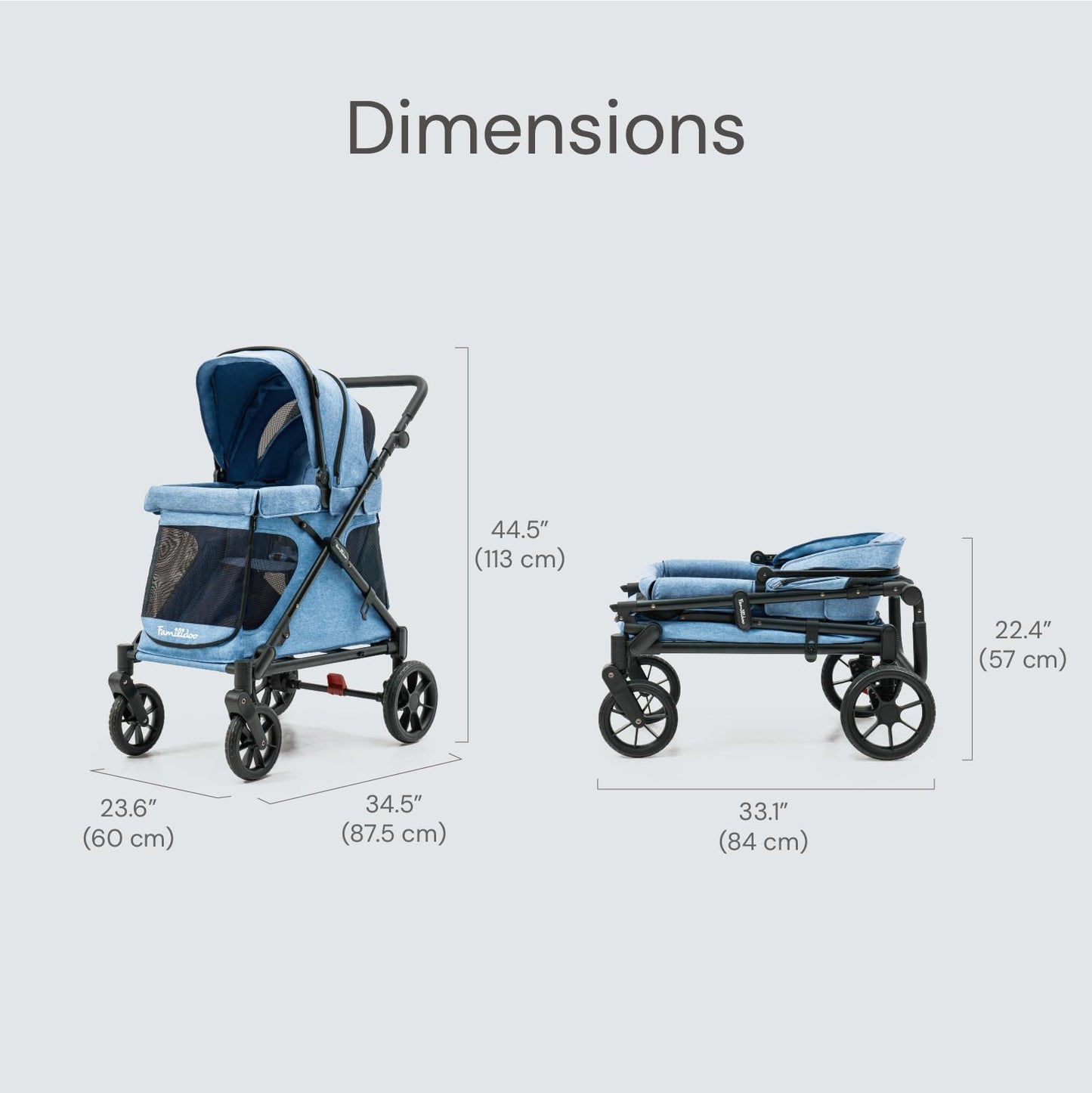 Familidoo Q1 2.0 Multi-Use Kids Wagon Stroller – Foldable, Lightweight & All-Terrain for Kids & Pets – Magnetic Safety Harness, Rain Cover & Compact Travel Design – Up to 132 lbs (Denim Blue)