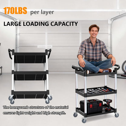 17Tek 3-Tier Rolling Utility Cart with Wheels,4 Lockable Casters, Plastic Service Cart with 510lbs Capacity, Commercial Service Cart on Wheels for Restaurant/Office/Warehouse/Kitchen/School, Black