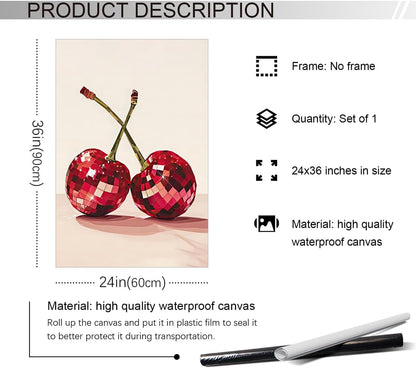 xbsifyiooa 24x36in Trendy Disco Ball Print Poster, Funky Disco Cherries Art Canvas, Pink Cherries Picture, Fruit Wall