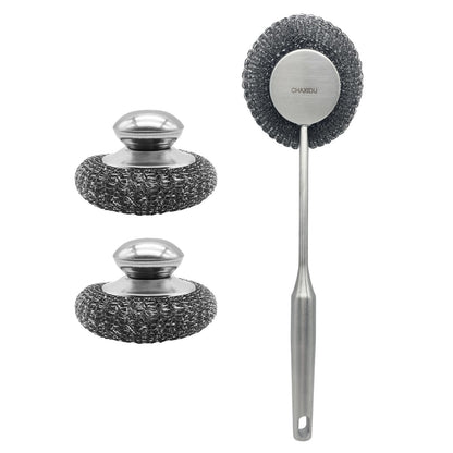 CHAXIDU Stainless Steel Wool Scrubber Set, Long Handle & Handle Brushes,Metal Brush for Pots, Pans, Grills & Cutlery Cleaning (3 Pack)