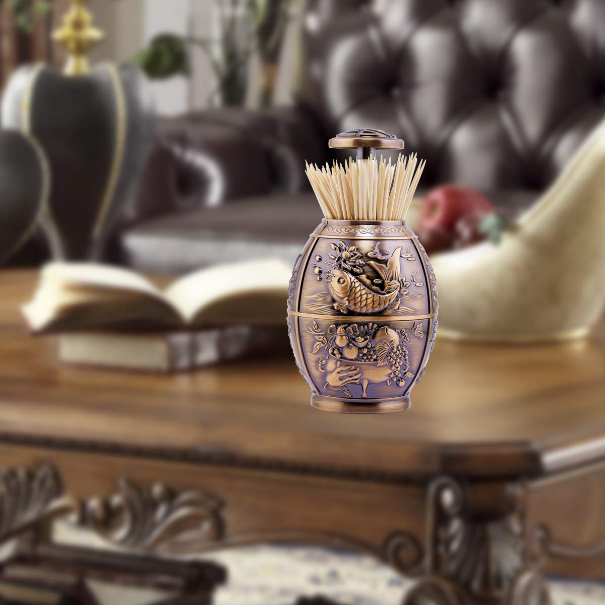 ANGROC Push Style Retro Metal Automatic Toothpick Holder, House Warming Gifts, Retractable Toothpicks Case Can Box Organizer Storage Container, for Home Restaurant Café Club Bar Hotel ( Red Bronze )