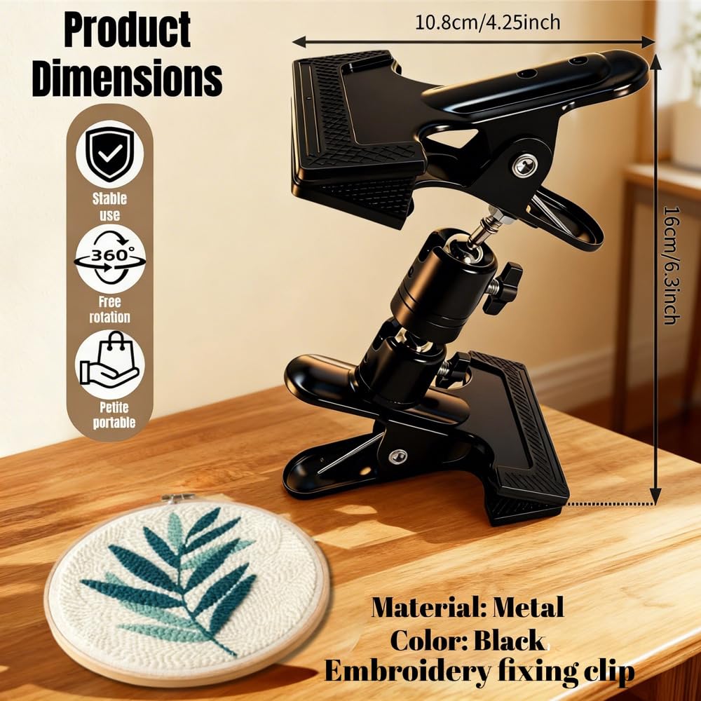 Embroidery Hoop Stand Holder - 360° Rotatable Adjustable Metal Table Clamp for Cross Stitchers,Hands-Free Sewing Needlework Stand,Fits 6–12 Inch Hoops,Portable Embroidery Stand with Protective Pads