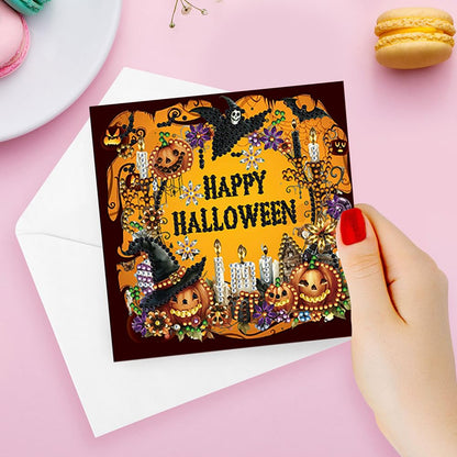 5D DIY Diamond Painting Greeting Card Kit, Diamond Art Halloween Pumpkin Gnome Holiday Greeting Card, Art Crafts Kit Creative Gift with Envelope (5pcs-Black)