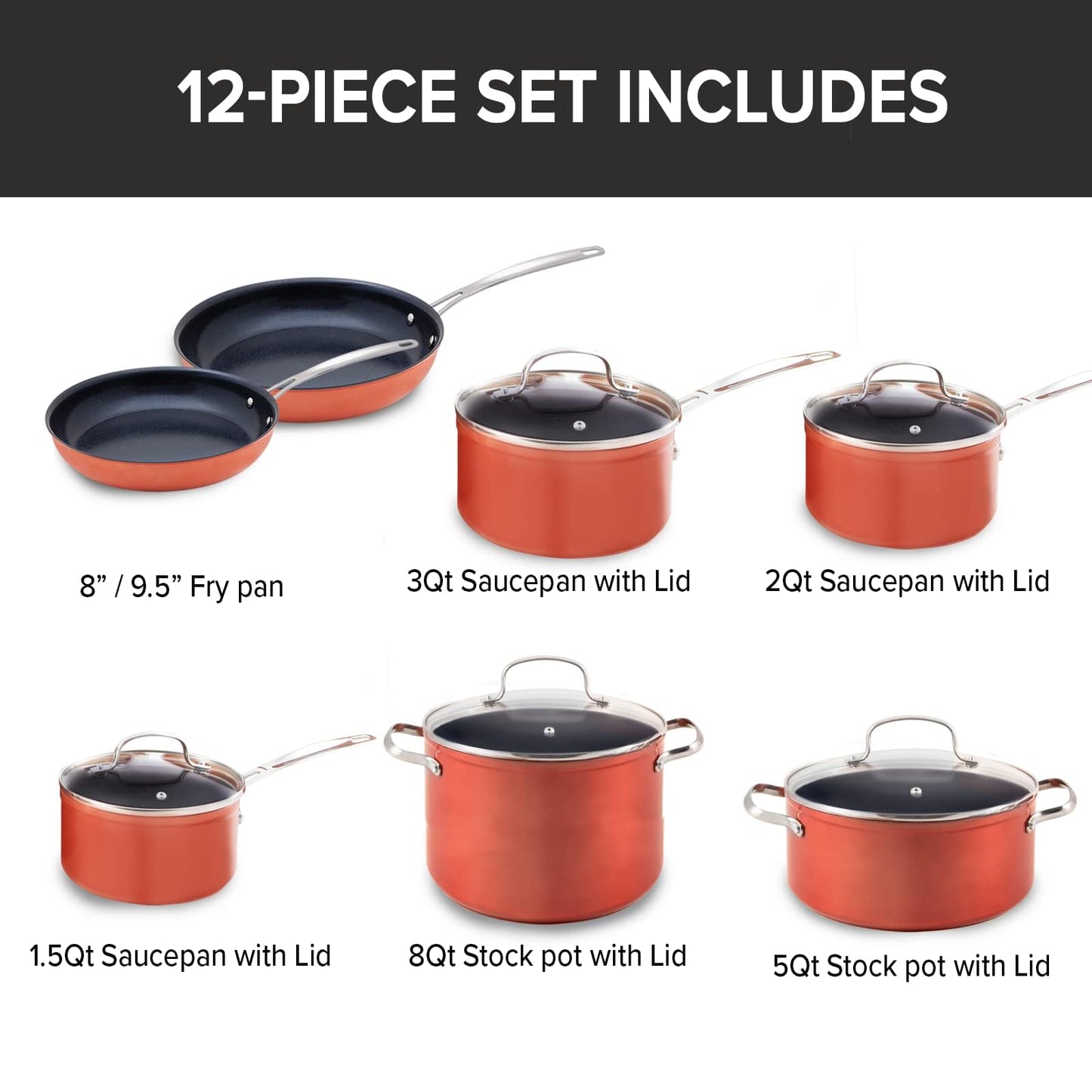 Nuwave 12pc Healthy Pots and Pan Set Non-Stick, Forged Lightweight Cookware Set, G10 Duralon Ceramic Coating, Vented Tempered Glass Lids, Induction-Ready & Works on All Cooktops, PFAS Free