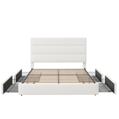 Allewie Modern Full Size Platform Bed Frame with 4 Storage Drawers and Velvet Upholstered Headboard, Wooden Slats Support, Upholstered Mattress Foundation/No Box Spring Needed/Easy Assembly, White