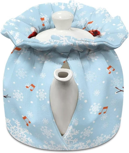 Blue Snowman and Red Music Tea Cosy, Soft Fabric Dustproof Tea Pot Cozies for Home Kitchen