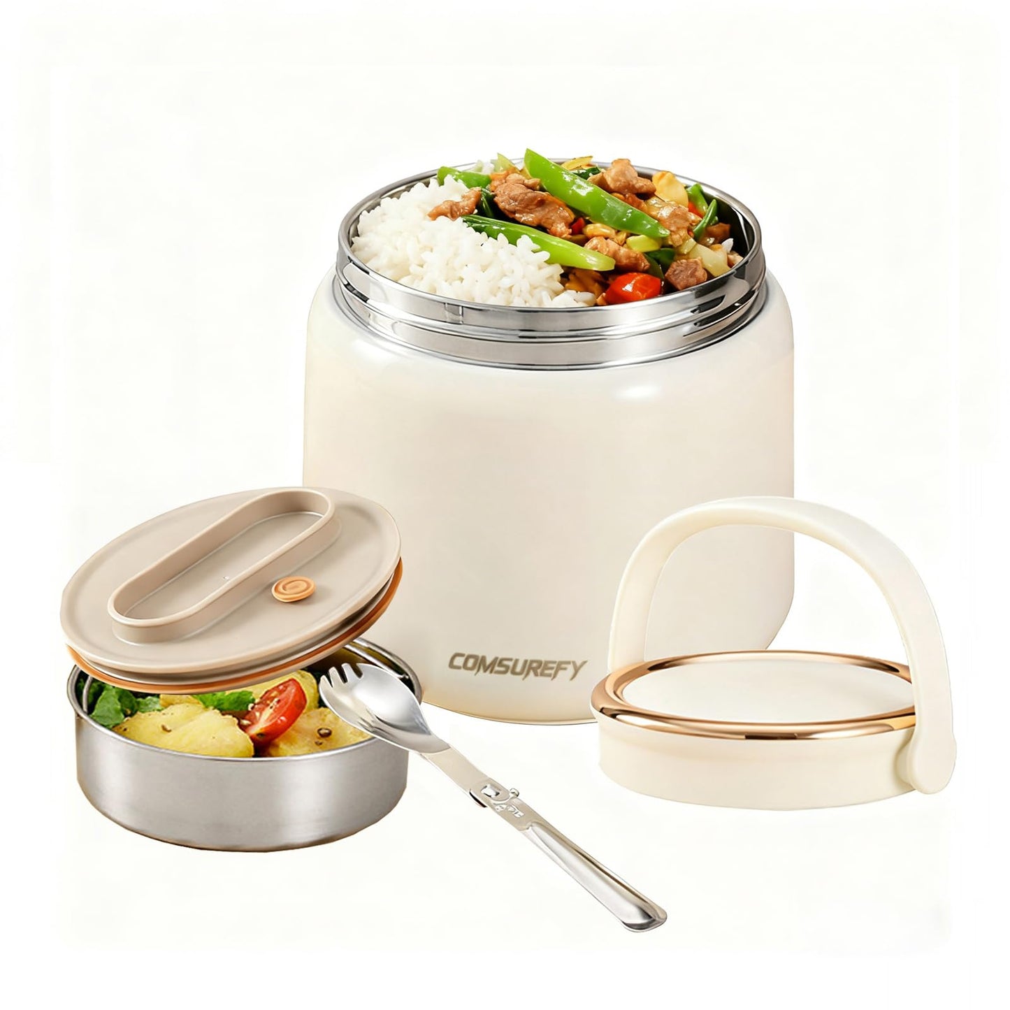 COMSUREFY 40oz/1.2L Thermo for Hot Food for Adults - 18/10 Stainless Steel Vacuum-Insulated Double-Wall, 100% Leak-Proof Wide Mouth, with Folding Spoon for Office/Travel/Outdoor