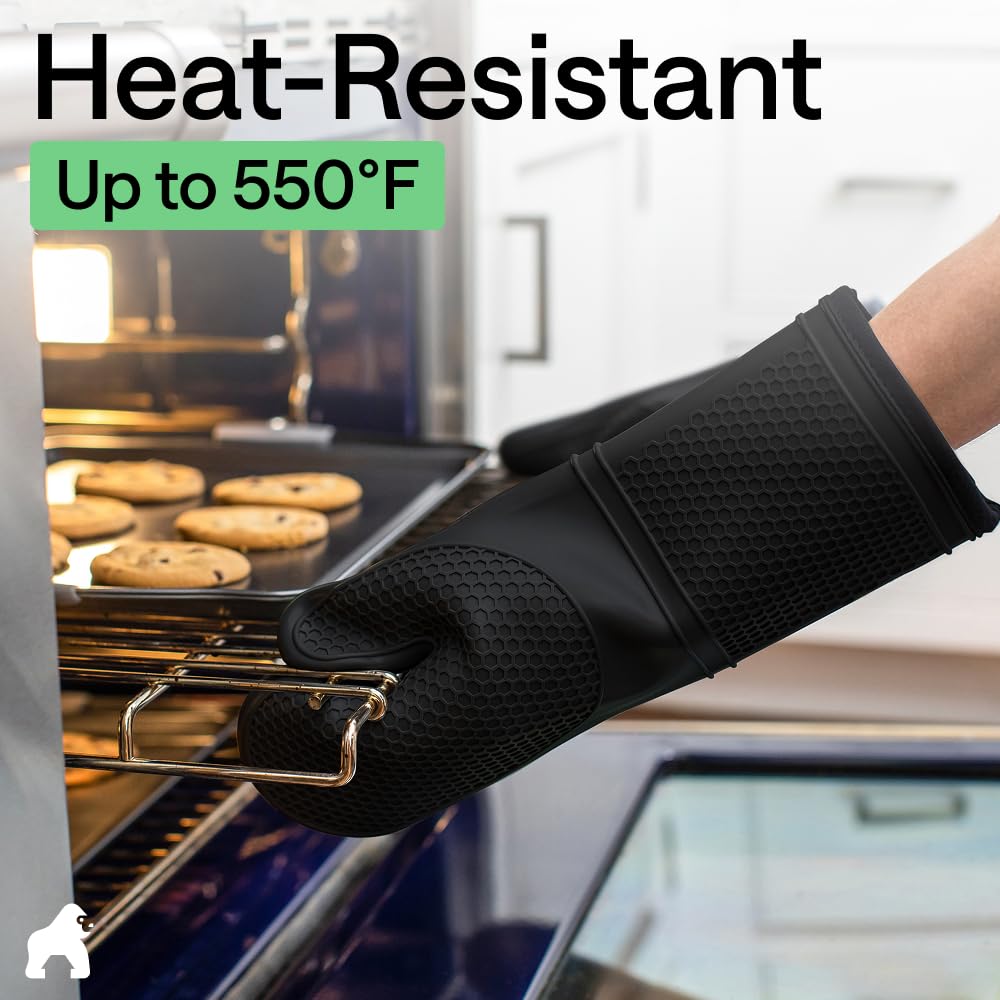 GORILLA GRIP BPA-Free Soft Silicone Oven Mitts, 550F Heat Resistant Waterproof Cooking Safety Gloves, Thick Cotton Lining, Flexible Gripping for BBQ Grilling, Kitchen Potholders Set, 12.5x8.3, Black