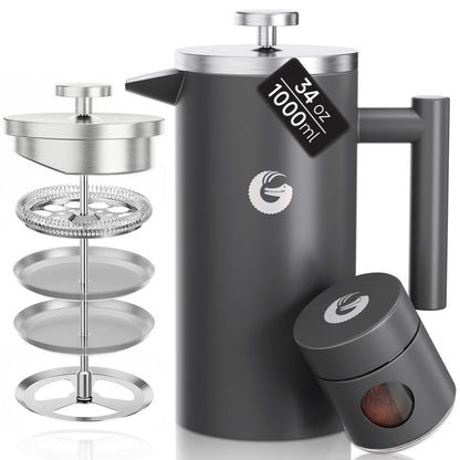 Coffee Gator 304 Grade Stainless Steel French Press Coffee Maker 34 oz, Double Wall Insulated Hot Cold Brew Teapot with 4-Level Filtration System, Include Travel Jar Canister, Kitchen, Gray