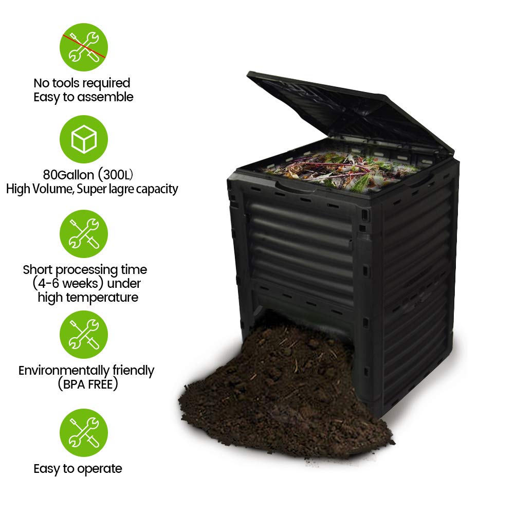 EJWOX 80 Gallon (300L) Large Capacity Static Compost Bin - Forest Green Outdoor Waste Composter with Easy-Access Hatch, Efficient Aeration System for Fast Organic Fertilizer, Sturdy Design
