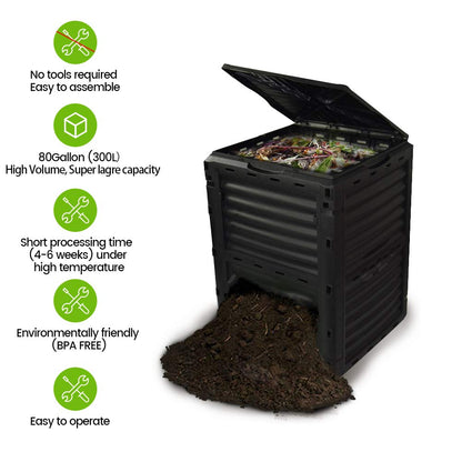 EJWOX 80 Gallon (300L) Large Capacity Static Compost Bin - Forest Green Outdoor Waste Composter with Easy-Access Hatch, Efficient Aeration System for Fast Organic Fertilizer, Sturdy Design