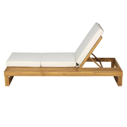 Merax Teak Finish Acacia Wood Chaise Lounge with 4-Inch Cream 3-Fold Water-Resistant Cushion Set, 4-Position Adjustable Outdoor Patio Lounger with Flat Side Surface, for Poolside