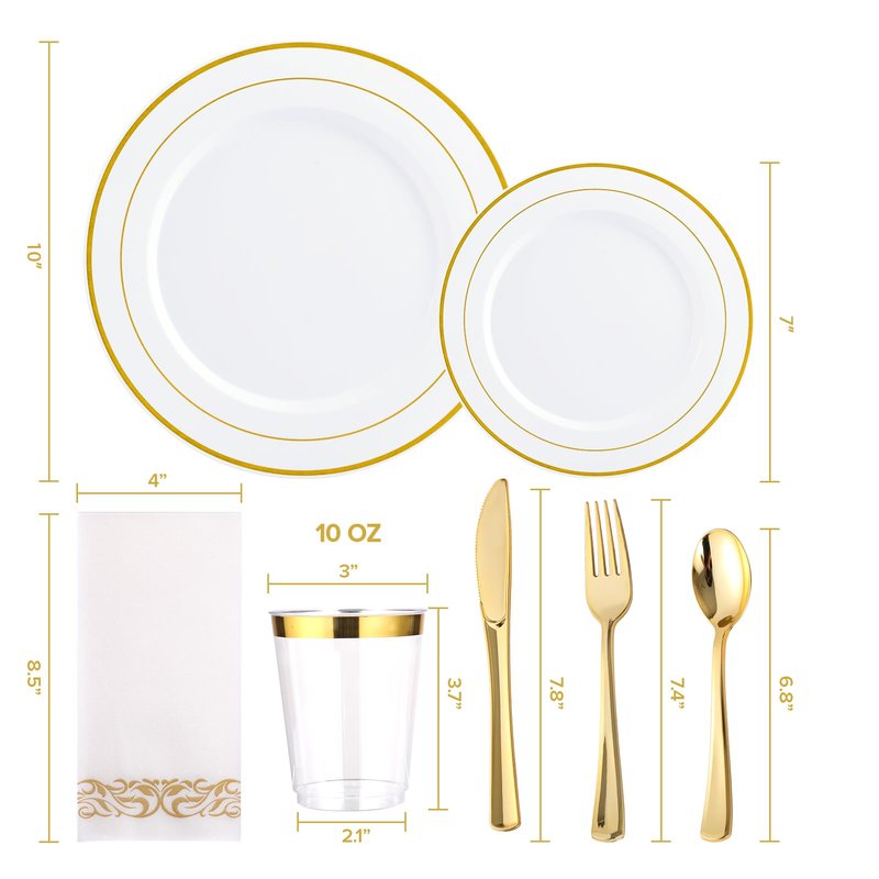 FOCUSLINE 350 Ct Disposable Dinnerware Set for 50 Guests -Heavy Duty Plastic Plates with Gold Rim, Includes 50 Dinner & Salad Plates, Cups, Napkins, Cutlery Set