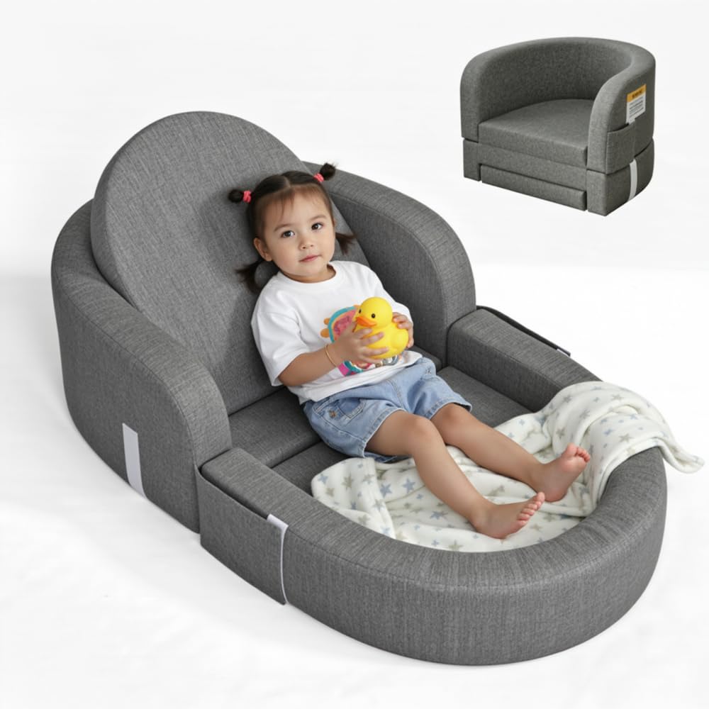Cowiewie Toddler Travel Bed 2-in-1 Kids Sofa Chair with Removable Cover, Soft Foam Portable Foldable Toddler Bed for Travel with Carrying Bag