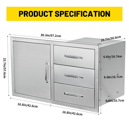 SGOLAN Outdoor Kitchen Door Drawer Combo Cabinet 38.1W x 22.6H x 20.8D BBQ Access Door&Triple Drawers Combo, Stainless Steel Handles for Outdoor Kitchen Island