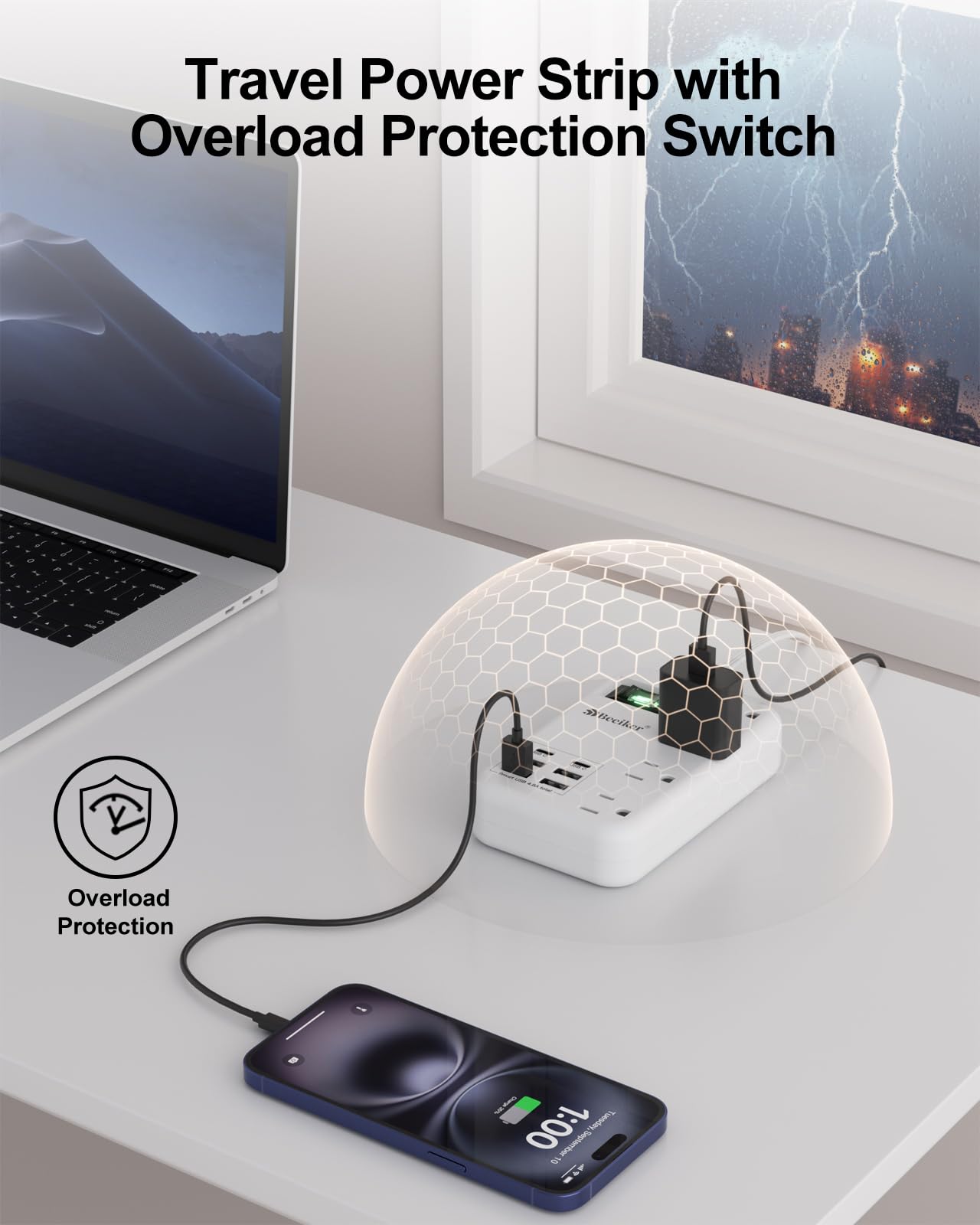 6 USB(2 USB C) Purple Travel Power Strip- 5Ft Lavender Extension Cord with 24W USB Charging Station and 4 Outlets, Purple Desk Accessories with Surge Protector for Cute Kawaii Office Dorm Room