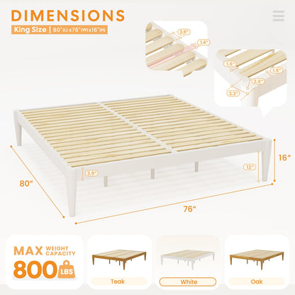 IOTXY King Platform Bed Frame - Solid Wood 16-Inch Height Mattress Foundation Base with Densely Slats and Heavy-Duty Support Legs, No Box Spring Needed, White