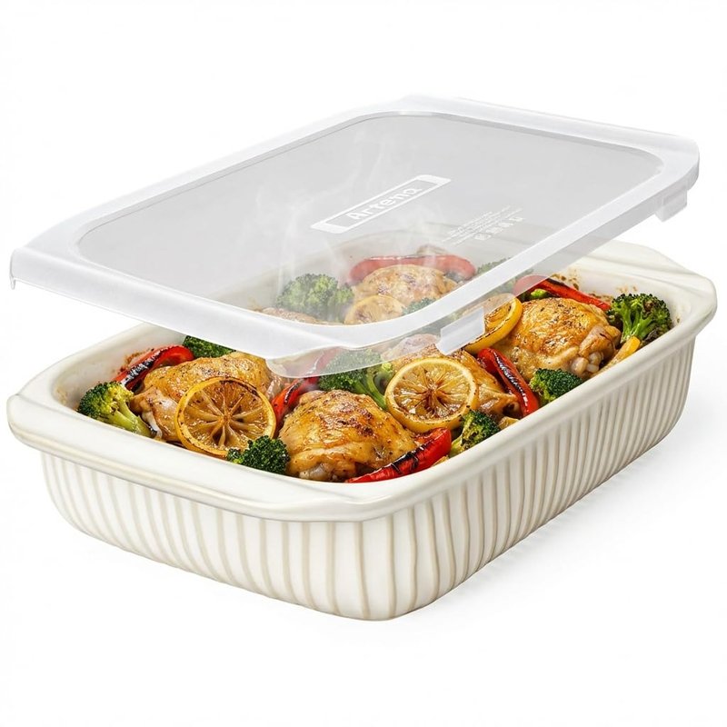Artena Baking Dish 5.1 Quarts, Casserole Dishes For Oven, Baking Pan With Handles, Lasagna Pan Deep, Large Casserole Dish, Rectangular White Ceramic Bakeware (Baking Dish With Lids)