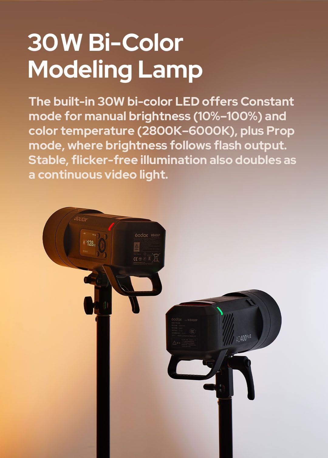 Godox AD400 Pro II AD400Pro II AD400ProII Flash, GN72 One-Tap Sync with X3/30W Bi-Color Modeling Lamp/Color Screen/16 Color Groups Indicator/Freeze Mode/460 Flashes/1/512~1/1 (with ± 0.1 Increment)