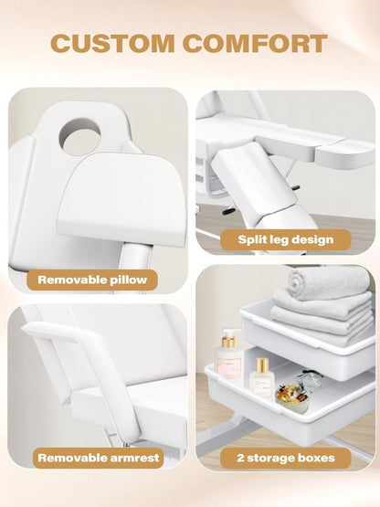 Facial Chair Tattoo Chair for Client, Facial Bed Esthetician Adjustable Massage Table with Headrest & 360° Rolling Stool, Split Legs Design, Lash Bed for Salon Spa Massage Equipment, Elegant White