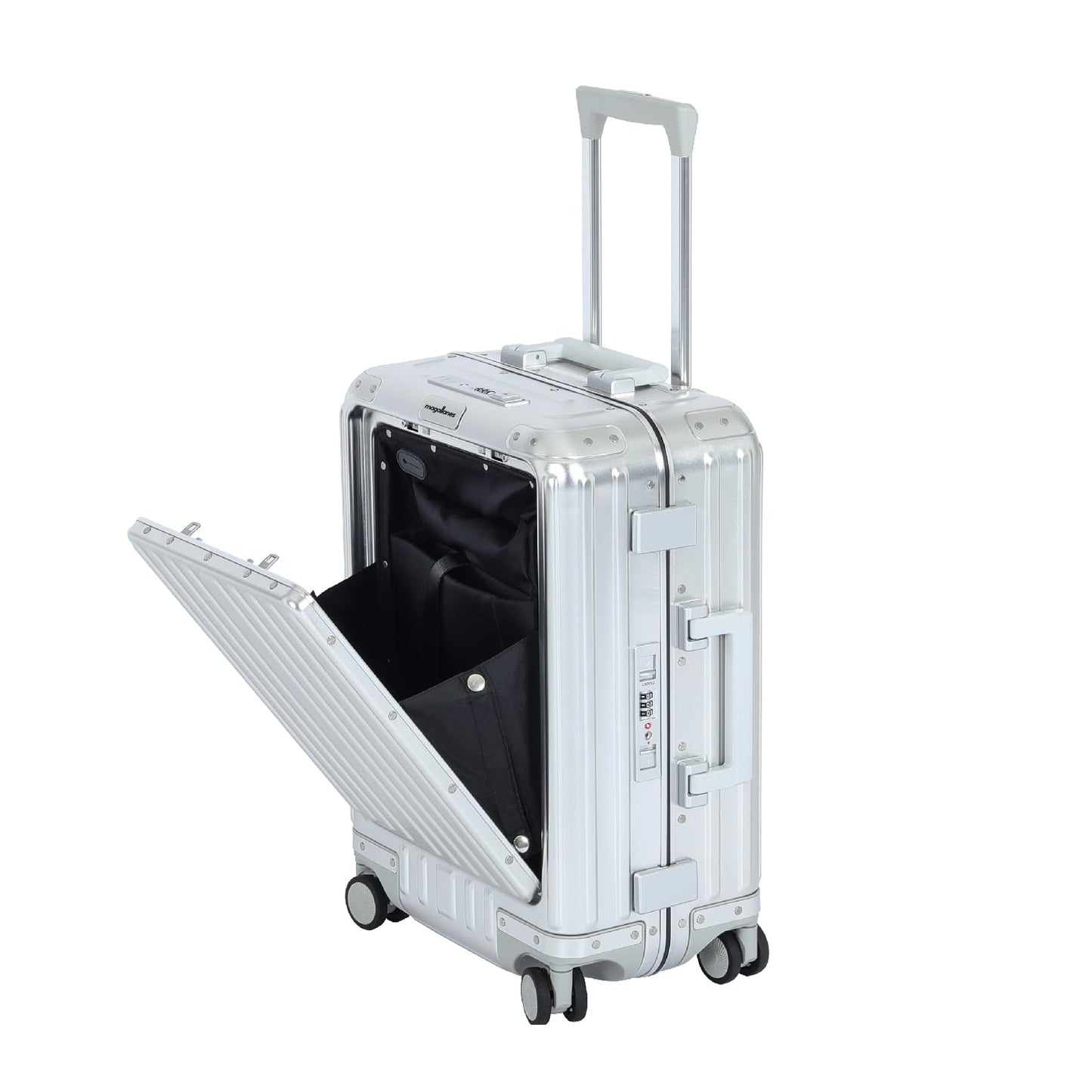 Magallanes 20 Inch All Aluminum Carry On Luggage with Front Laptop Pocket - Zipperless Hard Shell Suitcase for Business Travel, TSA Approved, Silent Spinner Wheels, USB Charging Port, Silver