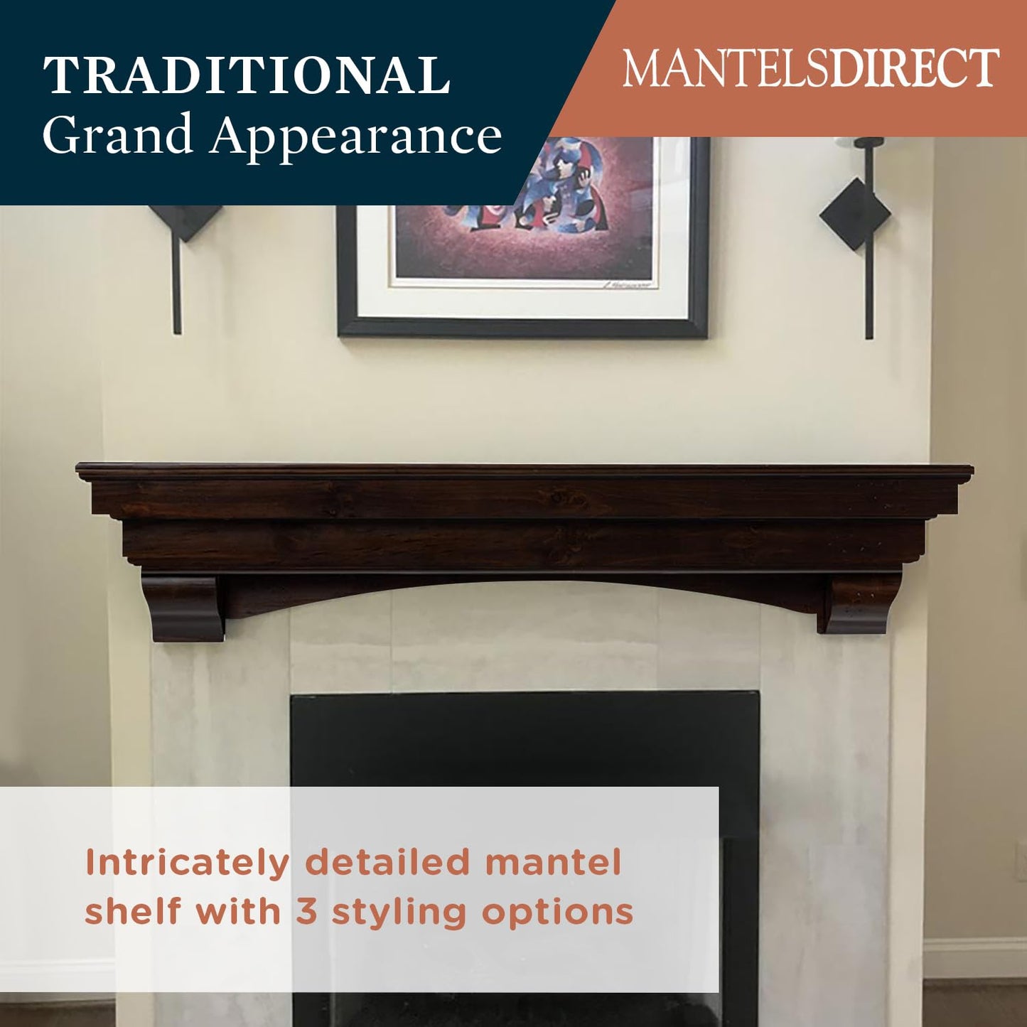 MANTELSDIRECT Salem Wood Mantel Shelf with Arched Corbels - Espresso 48 Inch | Wooden Rustic Wall Mounted Shelf from Pine Wood - Perfect for Fireplaces, TVs & Décor