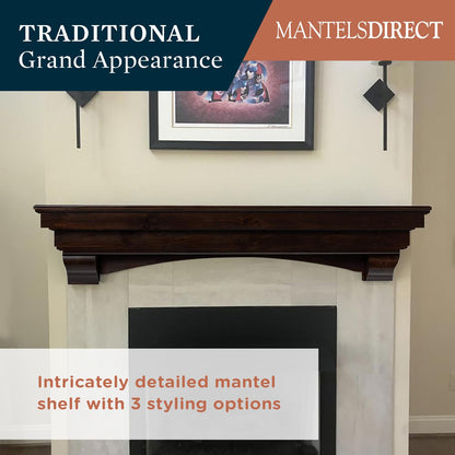 MANTELSDIRECT Salem Wood Mantel Shelf with Arched Corbels - Espresso 48 Inch | Wooden Rustic Wall Mounted Shelf from Pine Wood - Perfect for Fireplaces, TVs & Décor