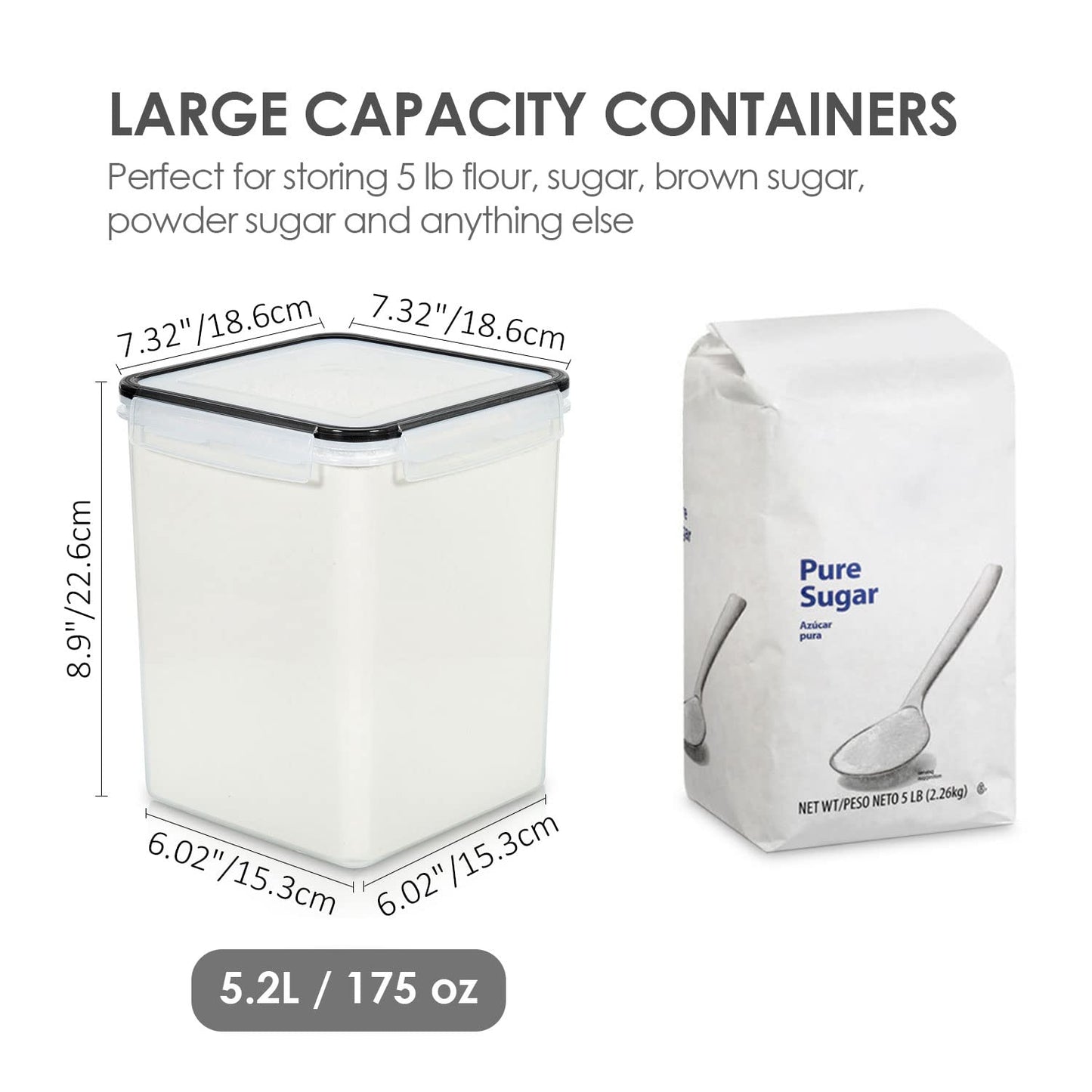 Vtopmart 4 PCS Large Food Storage Containers 5.2L / 175oz, 4 Pieces BPA Free Plastic Airtight Canisters for Flour, Sugar, Baking Supplies, Rice with Lids, 4 Measuring Cups and 24 Labels, Black