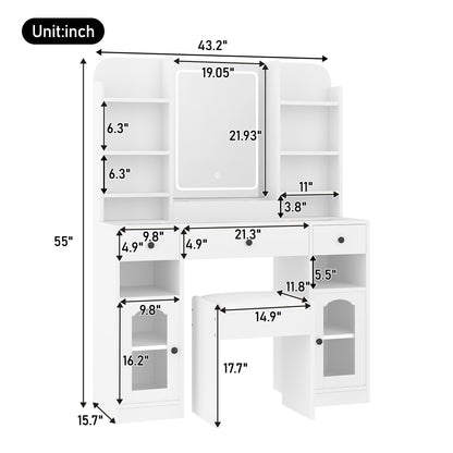 Merax 43.2" Vanity Desk with Mirror and Lights, Glass Top Vanity with RGB Glass Light Cabinets, Dressing Table with 3 Drawers, Storage Shelves and Stool