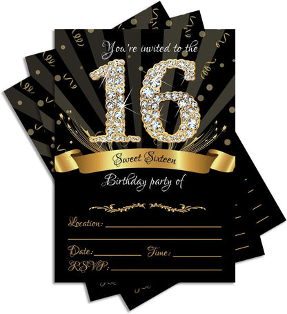 25 Sweet Sixteen Black Double-Sided Party Invitations Kit, 5x7, with Gold Metallic Pen and Envelopes
