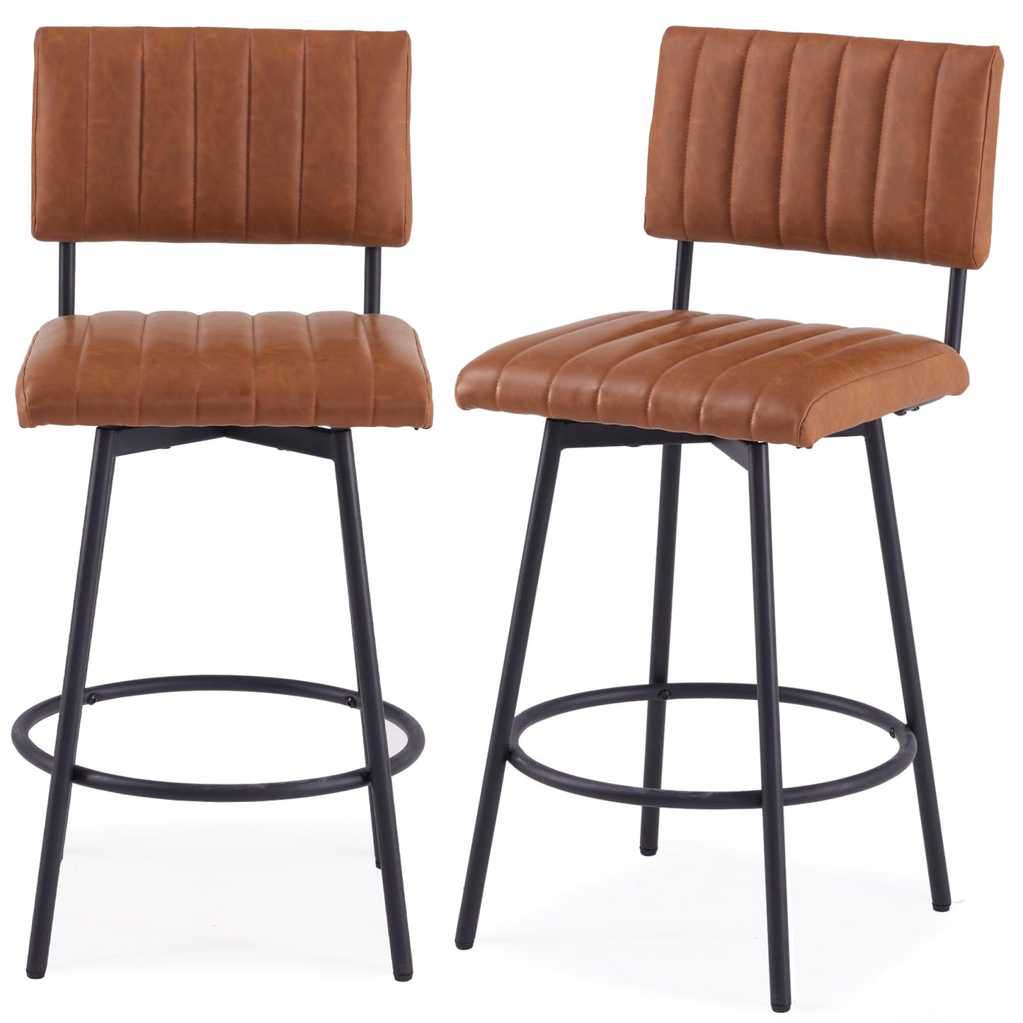 MILCIL Swivel Counter Height Bar Stools with Back Set of 2, Upholstered 26'' Counter Stools with Metal Frame, Faux Leather Cognac